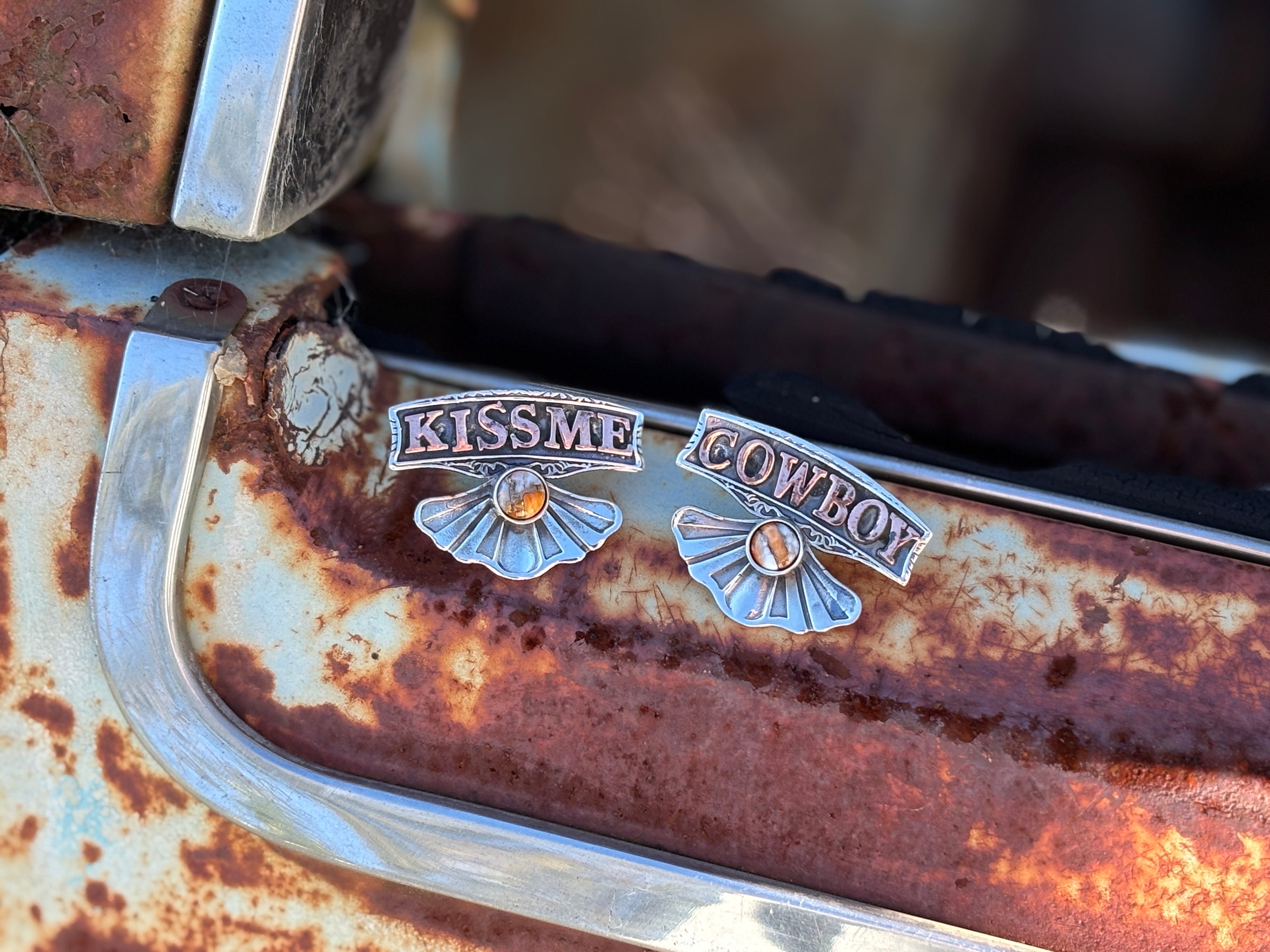 Kiss Me Cowboy Silver Large Earring.