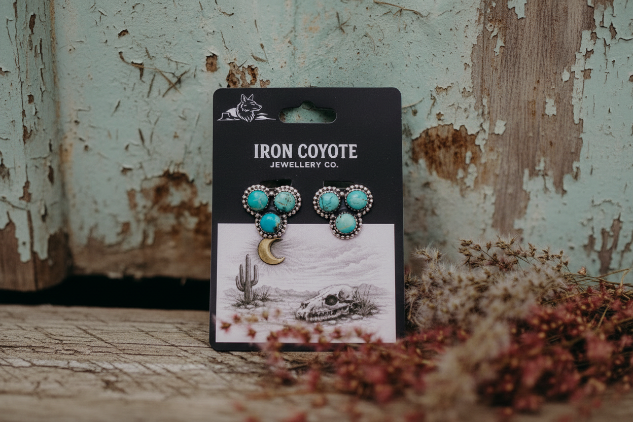 Turquoise earrings on a 'Iron Coyote Jewellery Co.' card with a rustic background