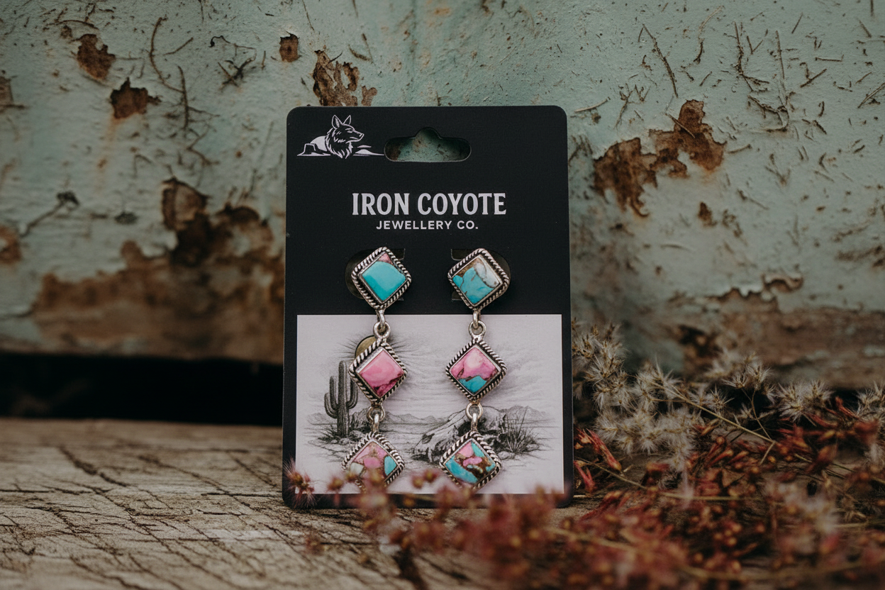 Pair of earrings on a 'Iron Coyote Jewellery Co.' card with a rustic background.